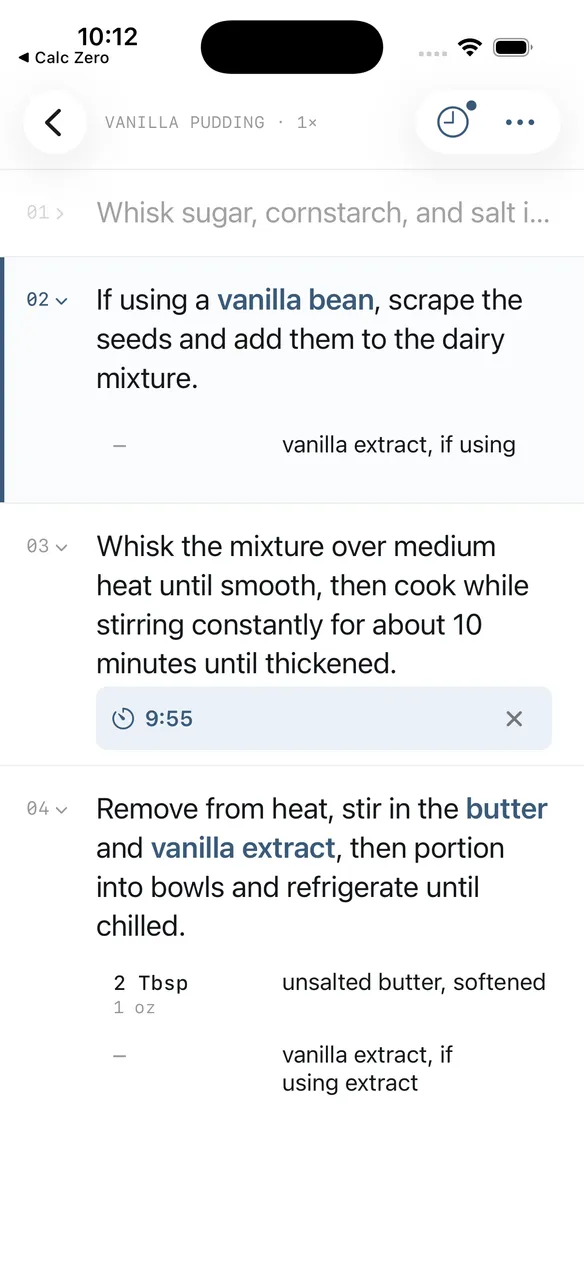 Cooking mode with a running step timer