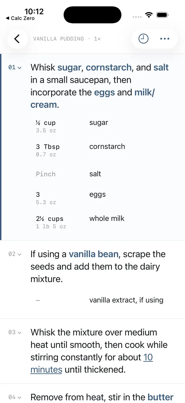 Cooking mode showing the ingredients a step needs