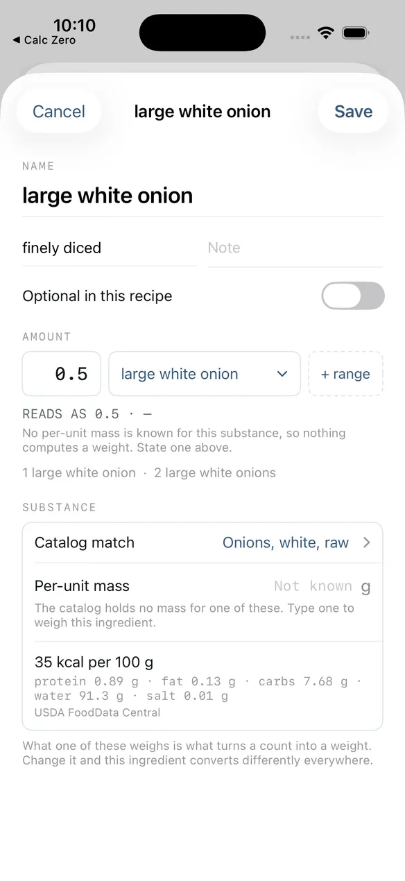 Editing one ingredient's amount and substance