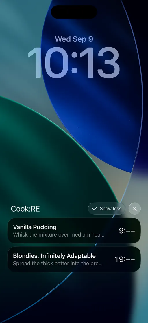 Two Cook:RE timers running on the iPhone lock screen